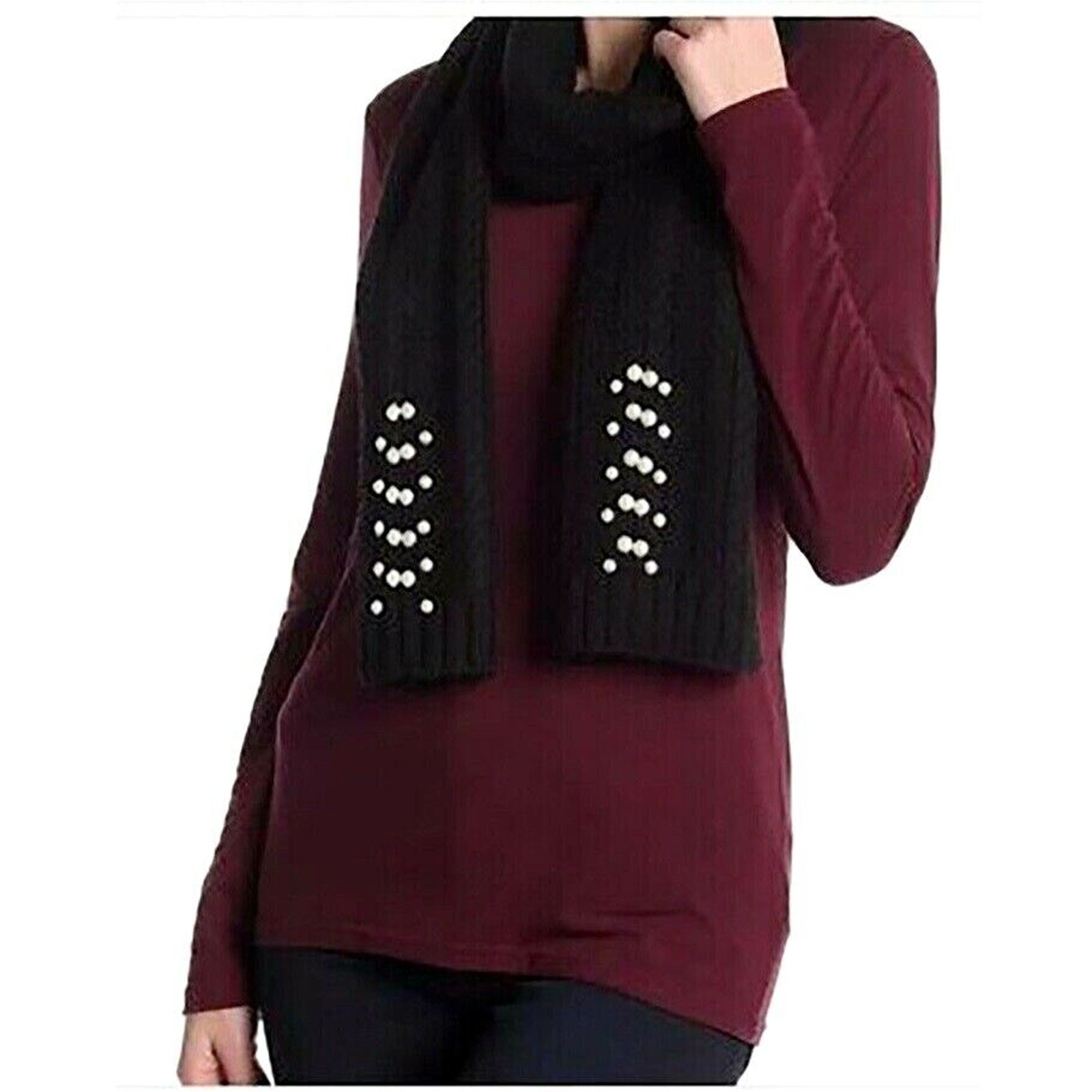 Badgley Mischka Women Black Wool Blend Pearl Embellished Cable Knit Scarf